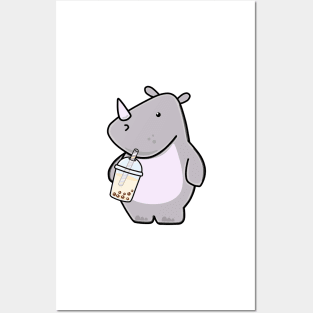 Cute Rhino Loves Boba Tea! Posters and Art